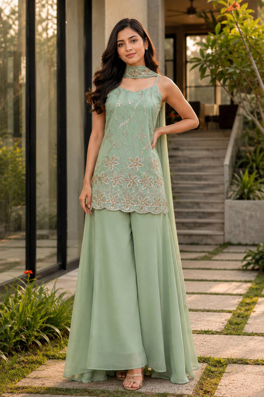 Embroidered Kurti Palazzo Set for Women | Faux Georgette Party Wear Suit with Dupatta
