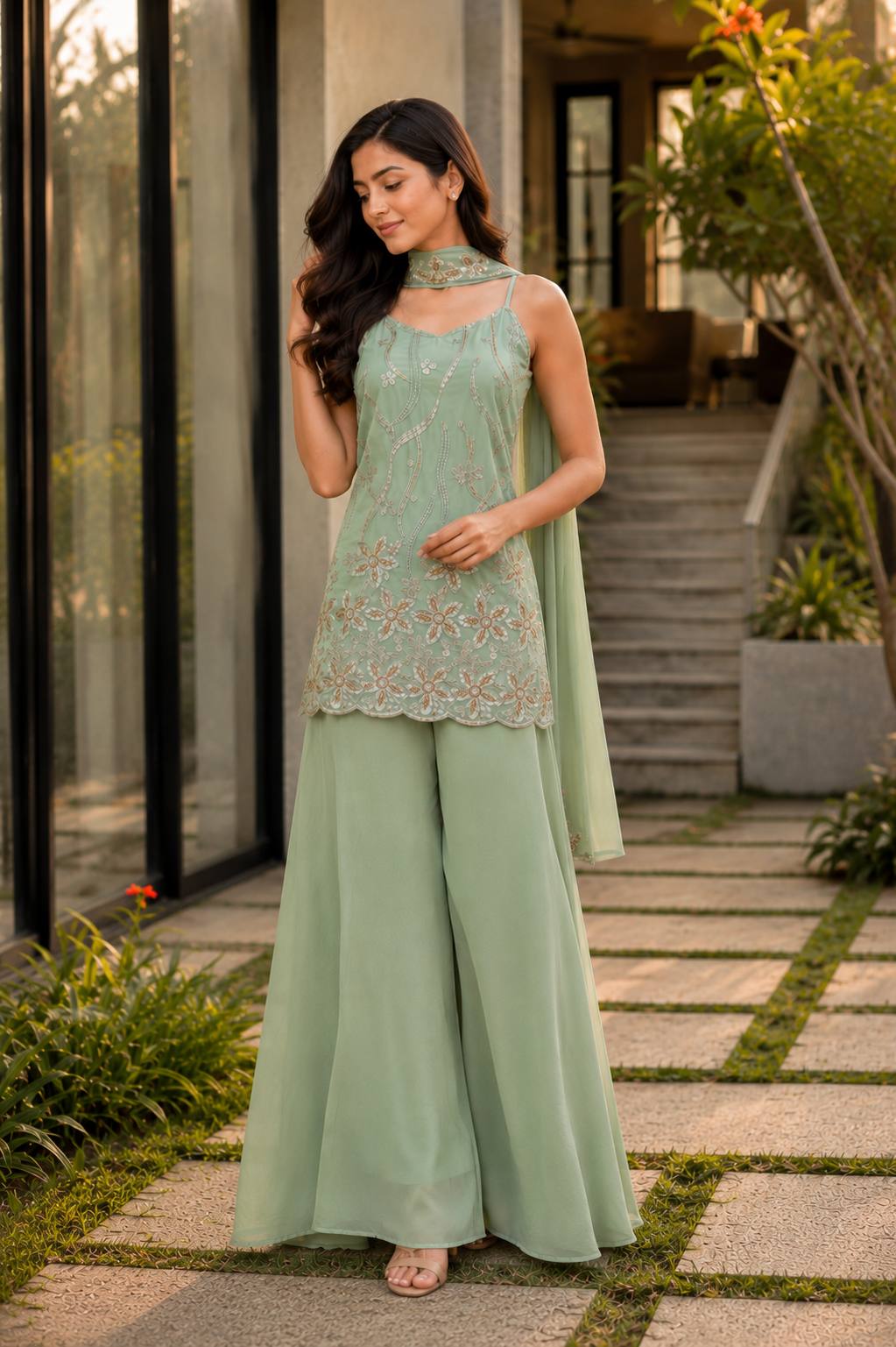 Embroidered Kurti Palazzo Set for Women | Faux Georgette Party Wear Suit with Dupatta