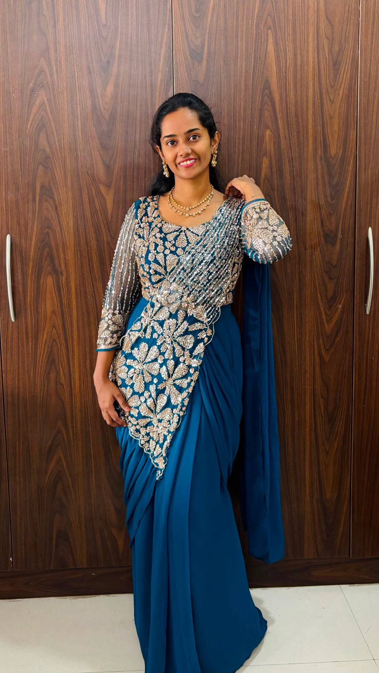 Designer Ready to Wear Faux Georgette Saree with Embroidered Zari & Semi Beads Work | Fully Stitched Embroidered Blouse | Wedding, Traditional & Ethnic Wear
