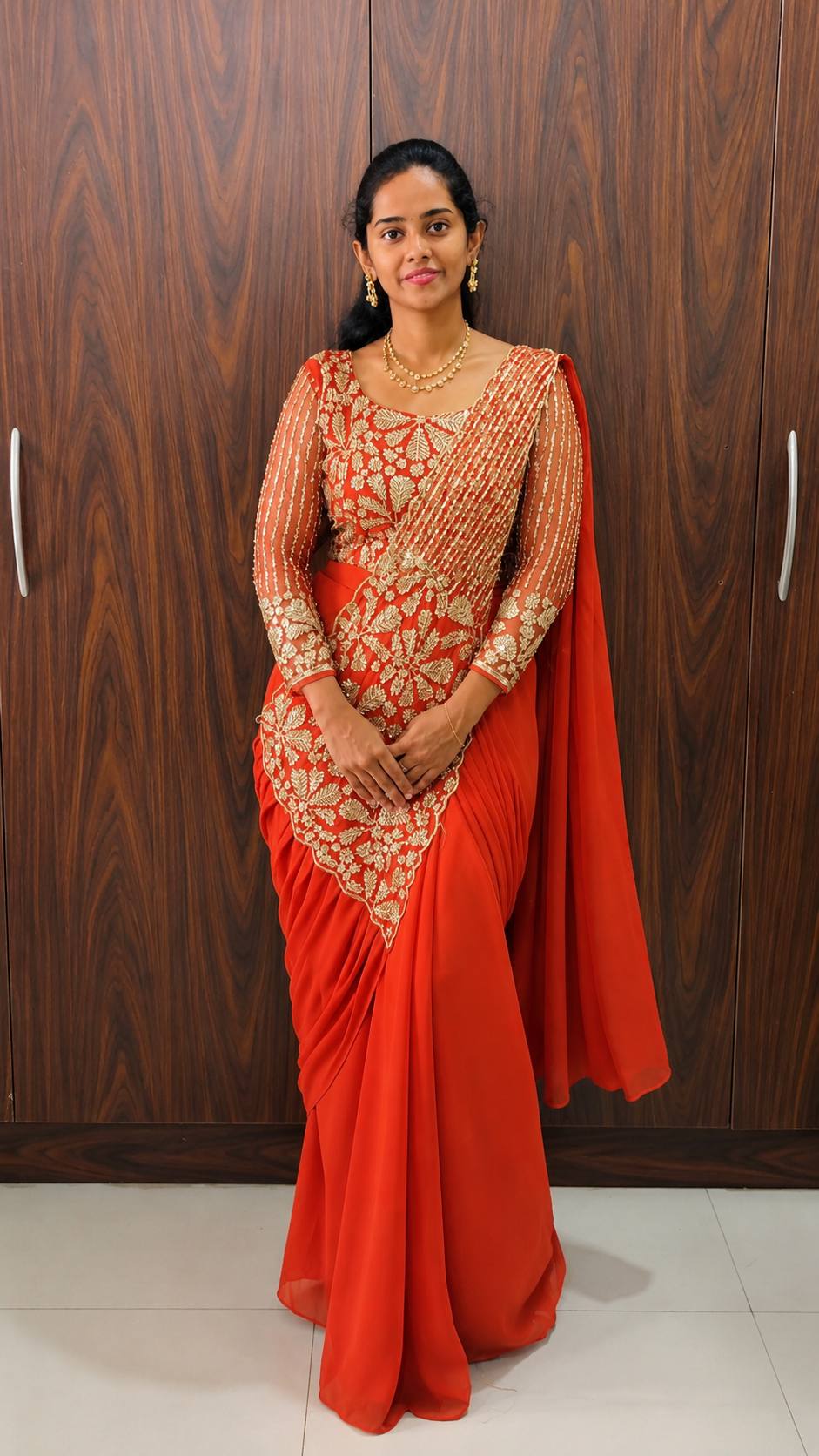 Designer Ready to Wear Faux Georgette Saree with Embroidered Zari & Semi Beads Work | Fully Stitched Embroidered Blouse | Wedding, Traditional & Ethnic Wear