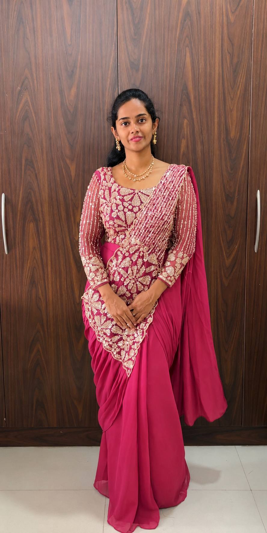 Designer Ready to Wear Faux Georgette Saree with Embroidered Zari & Semi Beads Work | Fully Stitched Embroidered Blouse | Wedding, Traditional & Ethnic Wear