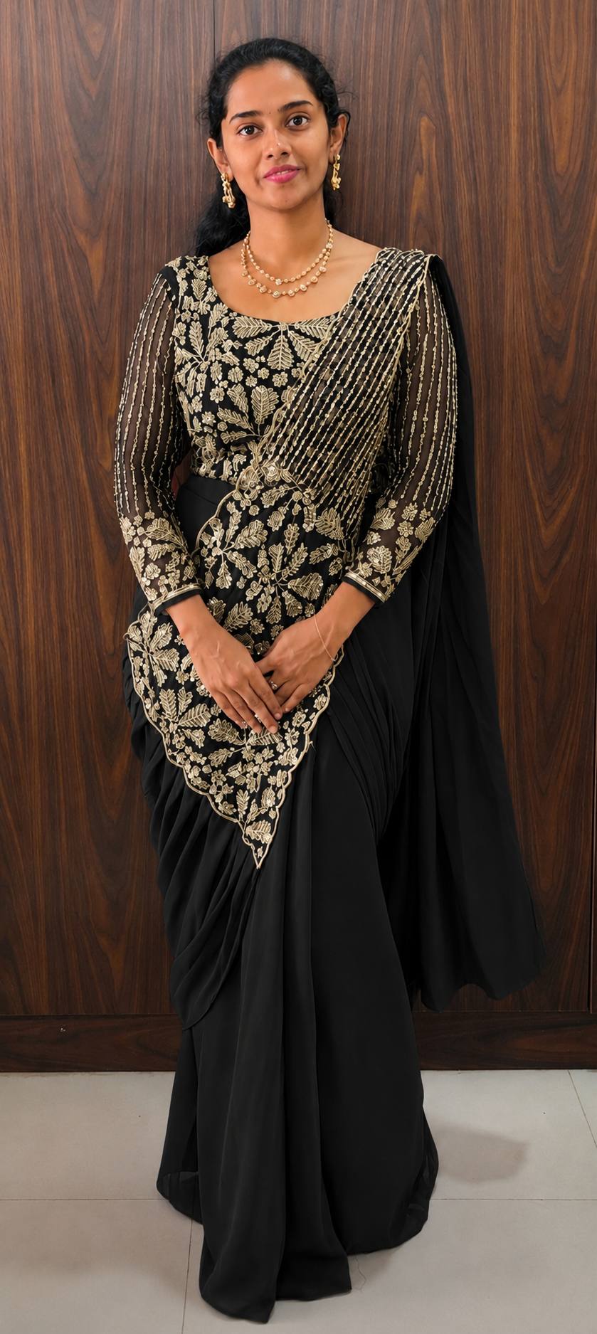 Designer Ready to Wear Faux Georgette Saree with Embroidered Zari & Semi Beads Work | Fully Stitched Embroidered Blouse | Wedding, Traditional & Ethnic Wear