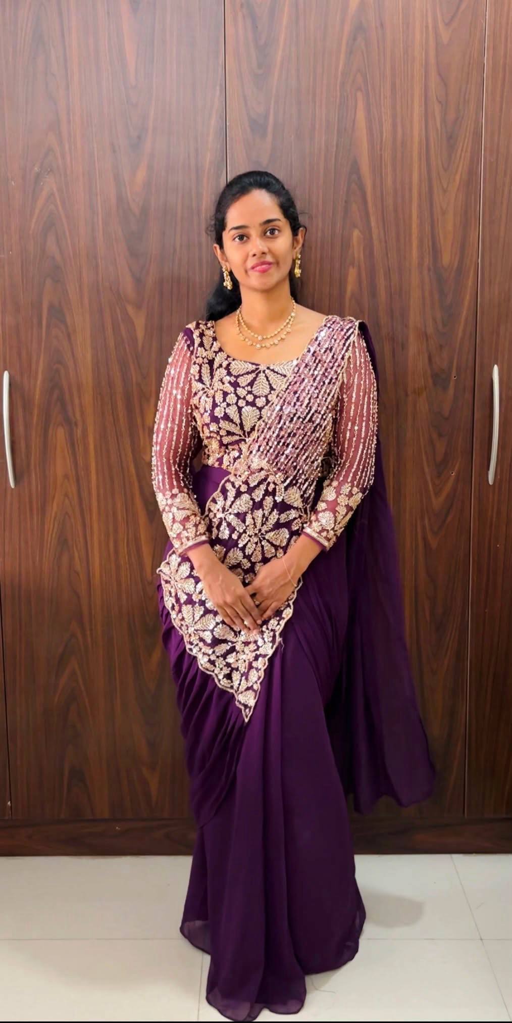 Designer Ready to Wear Faux Georgette Saree with Embroidered Zari & Semi Beads Work | Fully Stitched Embroidered Blouse | Wedding, Traditional & Ethnic Wear
