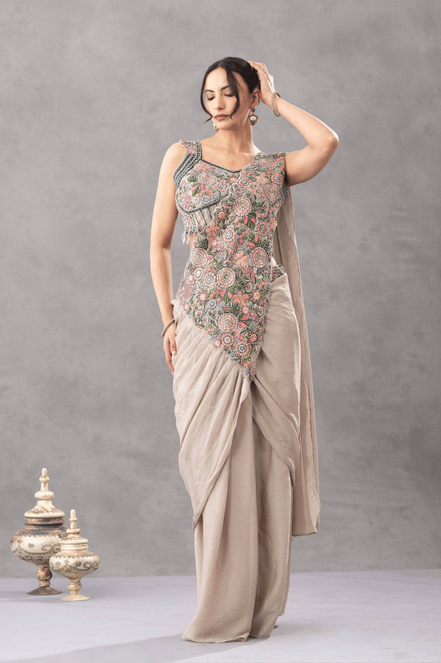 Luxury Chinon Saree with Embroidery and Diamond Work Blouse | Ready to Wear