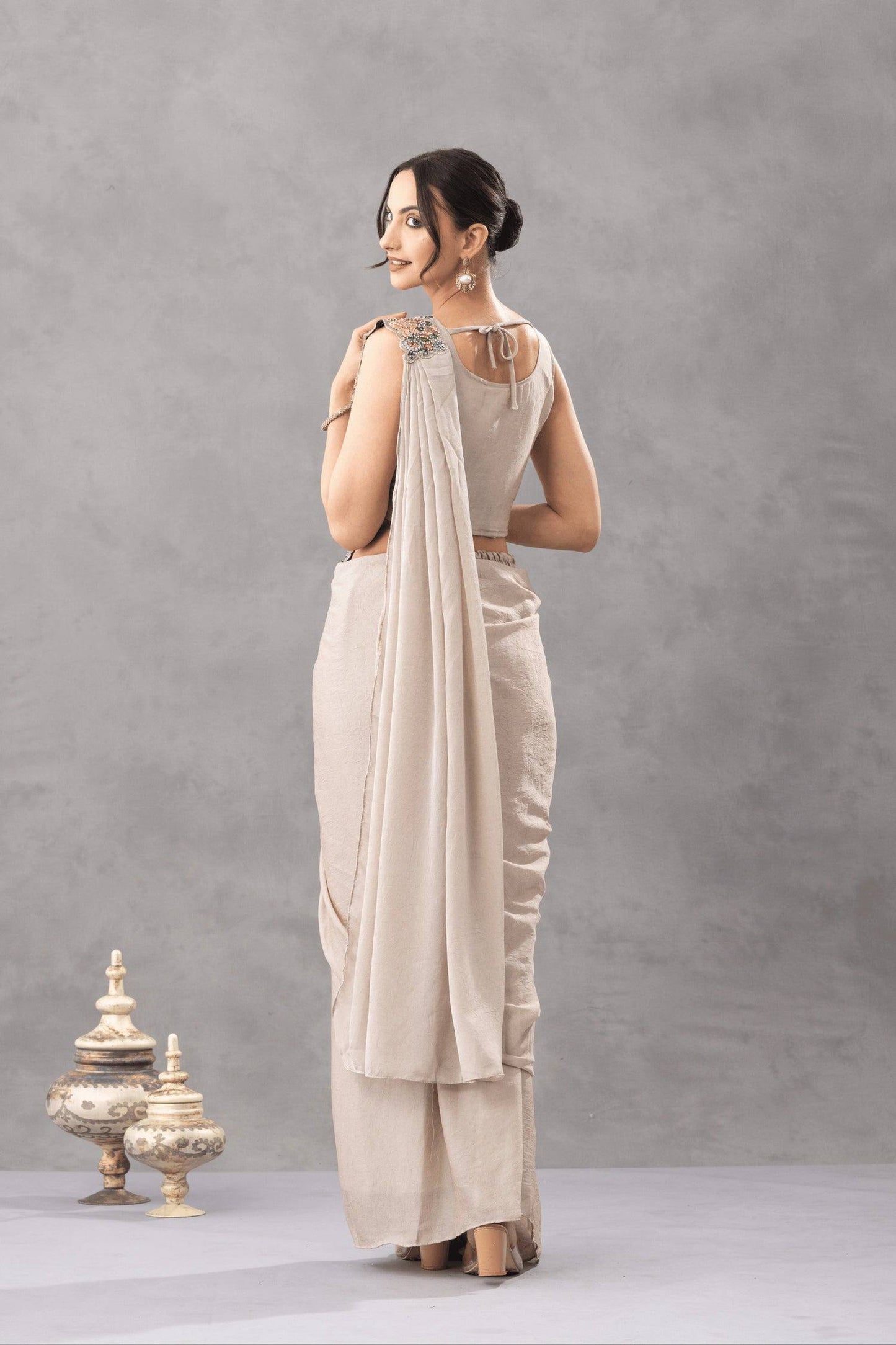 Luxury Chinon Saree with Embroidery and Diamond Work Blouse | Ready to Wear
