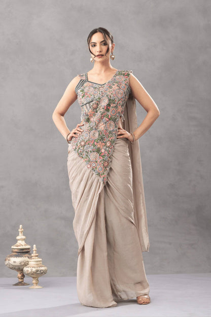 Luxury Chinon Saree with Embroidery and Diamond Work Blouse | Ready to Wear