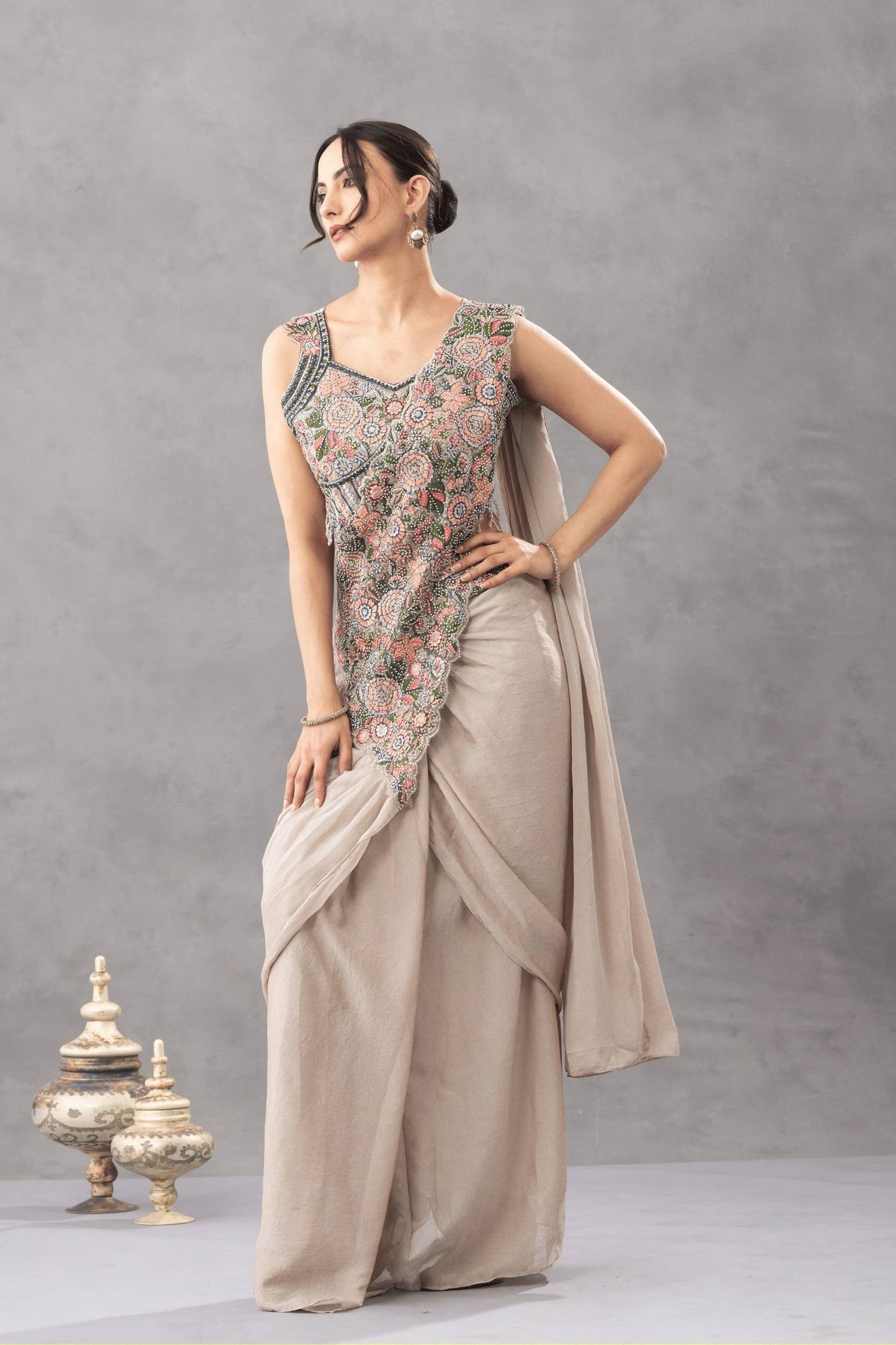 Luxury Chinon Saree with Embroidery and Diamond Work Blouse | Ready to Wear