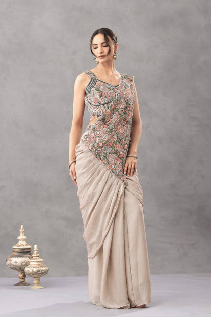 Luxury Chinon Saree with Embroidery and Diamond Work Blouse | Ready to Wear