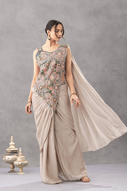 Luxury Chinon Saree with Embroidery and Diamond Work Blouse | Ready to Wear