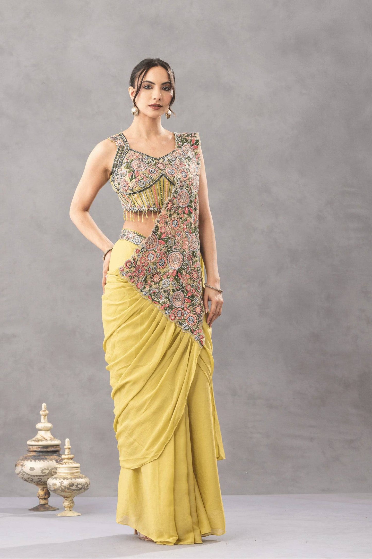 Luxury Chinon Saree with Embroidery and Diamond Work Blouse | Ready to Wear