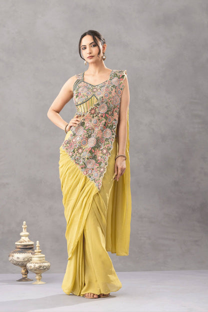 Luxury Chinon Saree with Embroidery and Diamond Work Blouse | Ready to Wear