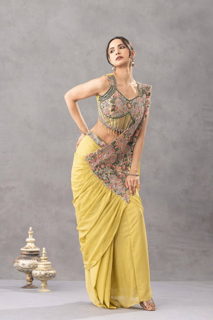 Luxury Chinon Saree with Embroidery and Diamond Work Blouse | Ready to Wear