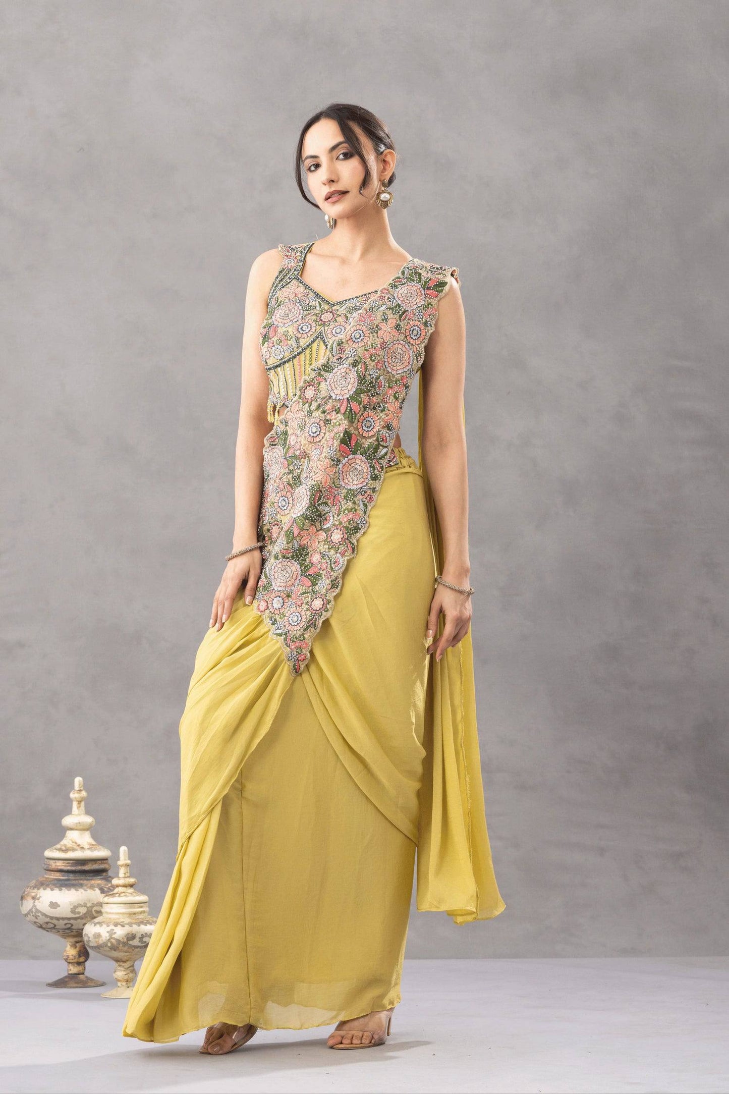 Luxury Chinon Saree with Embroidery and Diamond Work Blouse | Ready to Wear
