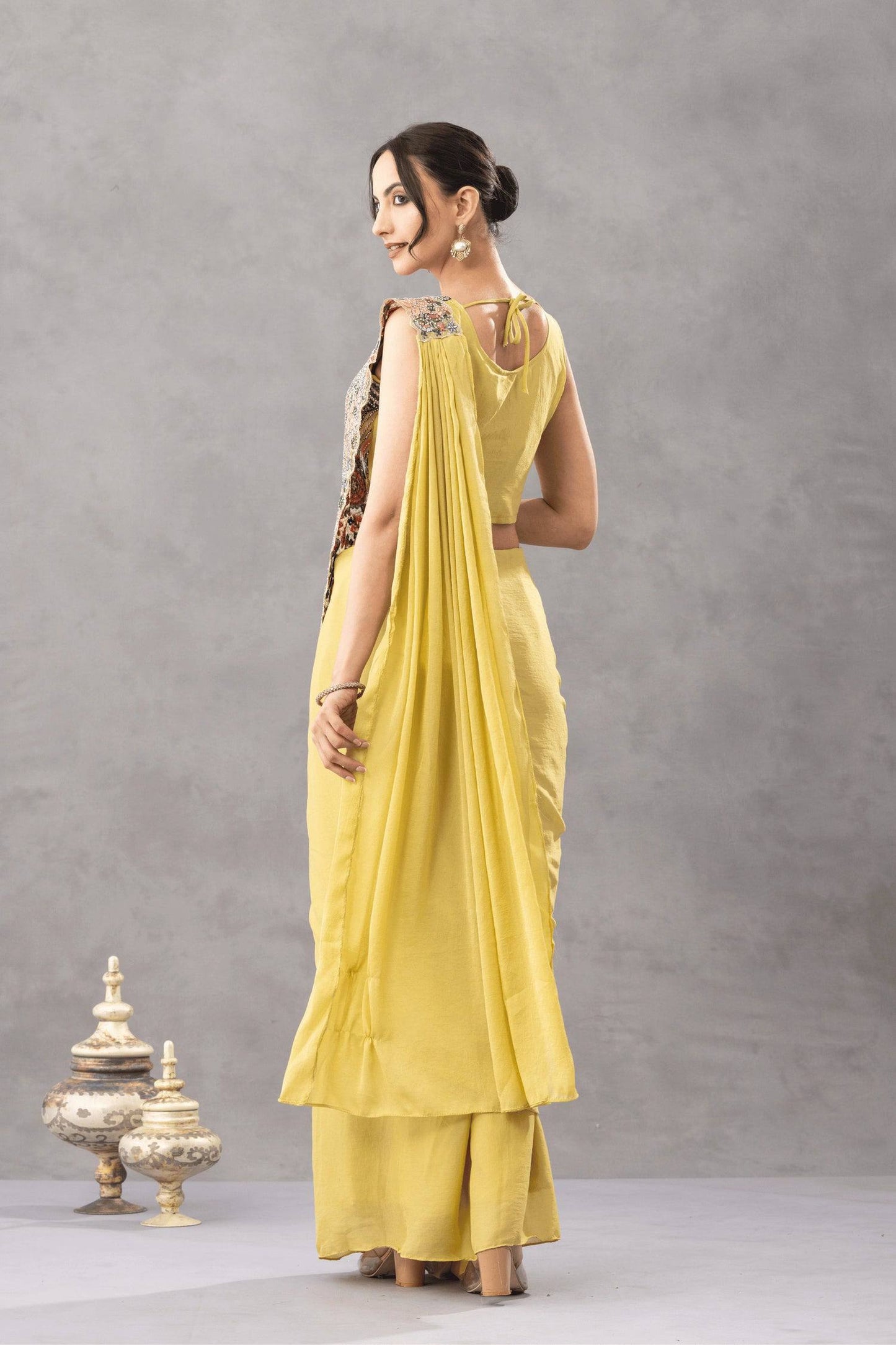 Luxury Chinon Saree with Embroidery and Diamond Work Blouse | Ready to Wear