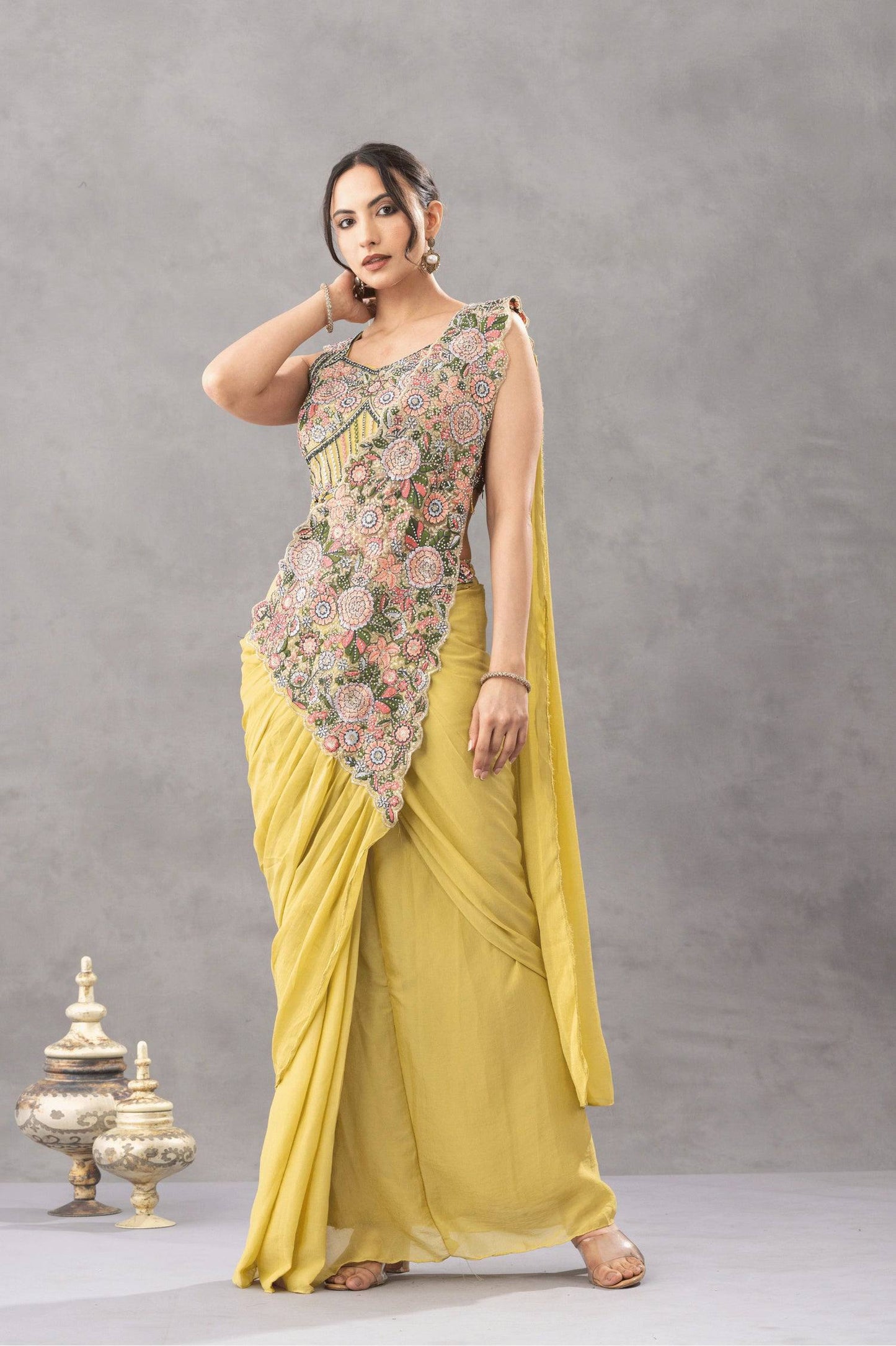Luxury Chinon Saree with Embroidery and Diamond Work Blouse | Ready to Wear