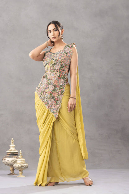 Luxury Chinon Saree with Embroidery and Diamond Work Blouse | Ready to Wear