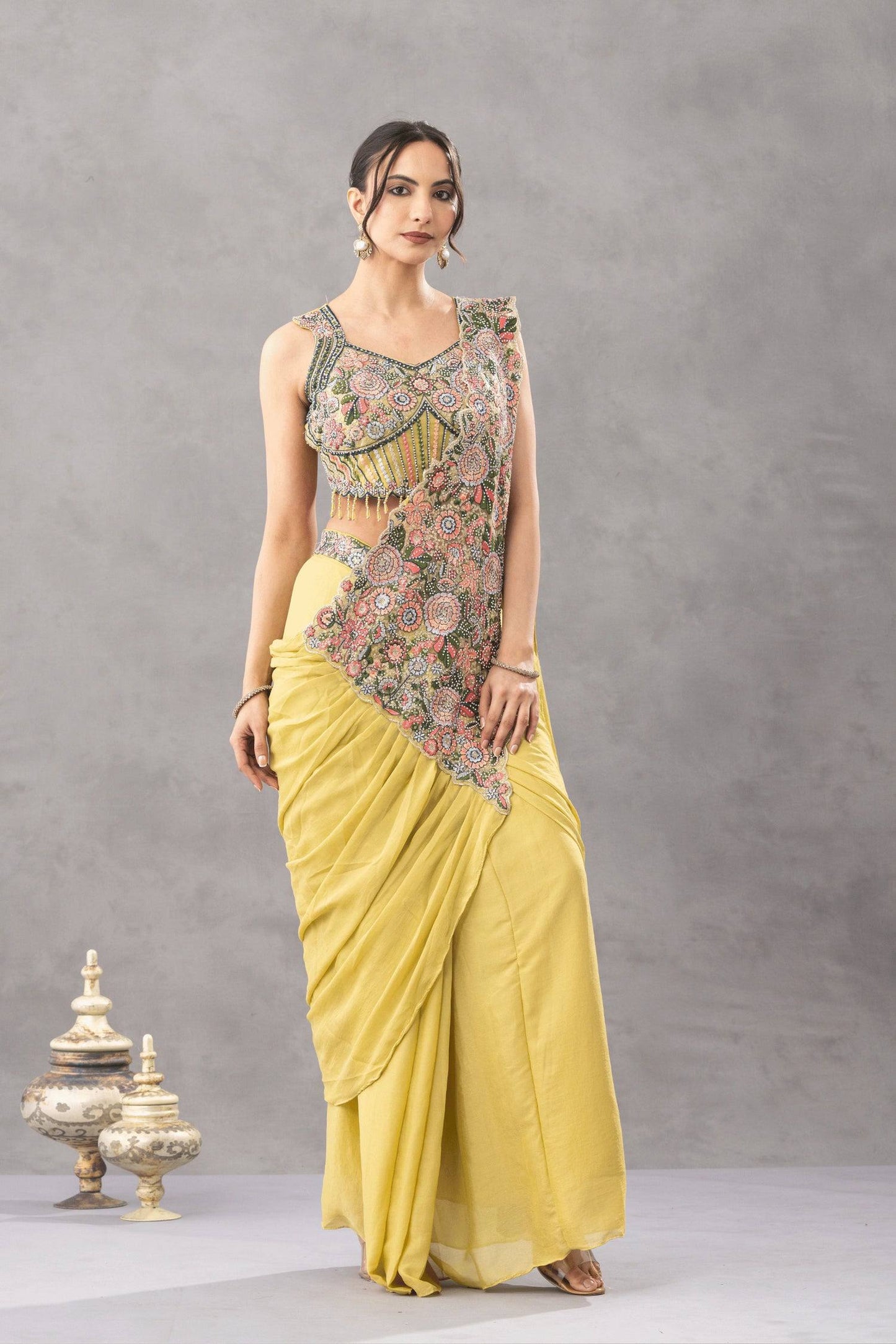 Luxury Chinon Saree with Embroidery and Diamond Work Blouse | Ready to Wear