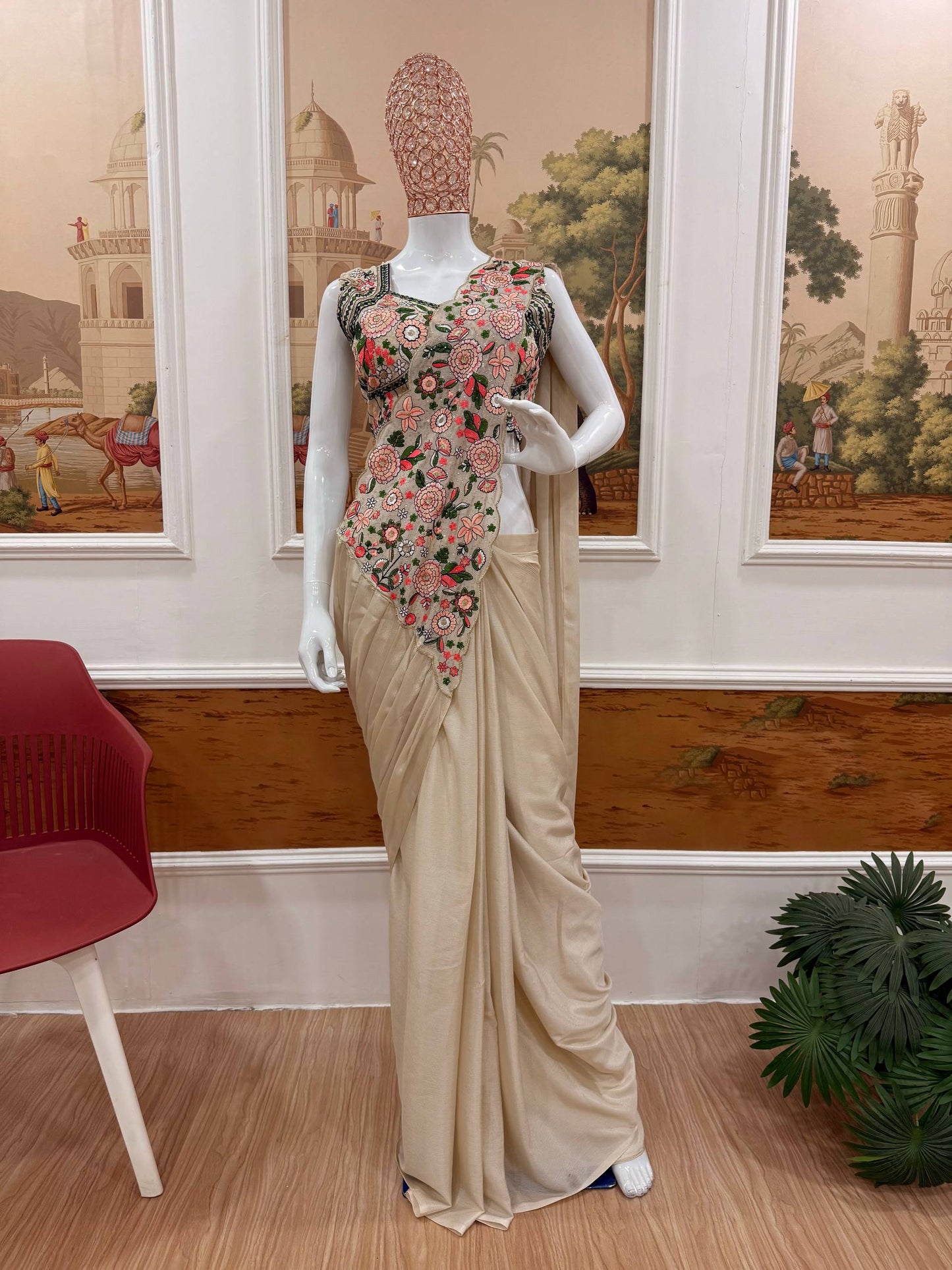 Luxury Chinon Saree with Embroidery and Diamond Work Blouse | Ready to Wear