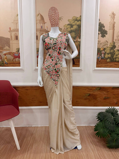 Luxury Chinon Saree with Embroidery and Diamond Work Blouse | Ready to Wear