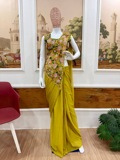 Luxury Chinon Saree with Embroidery and Diamond Work Blouse | Ready to Wear