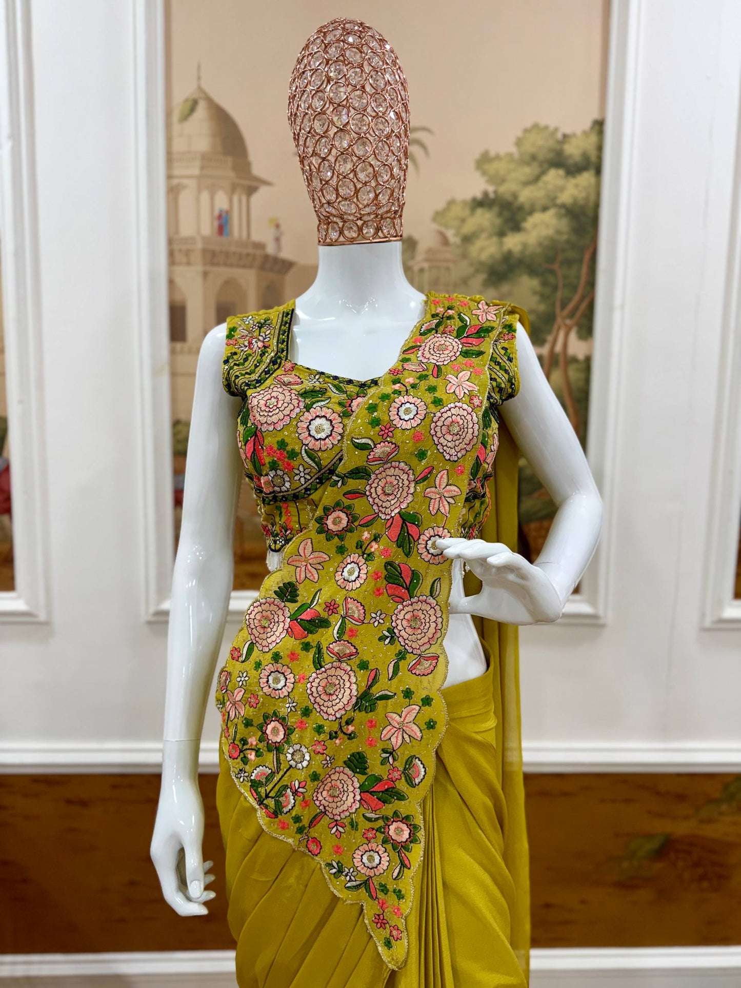 Luxury Chinon Saree with Embroidery and Diamond Work Blouse | Ready to Wear