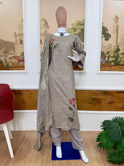 Women's Faux Georgette Embroidered Kurti Pant Dupatta Set with Dual Sequins & Pearl Moti Work | Party & Festive Wear