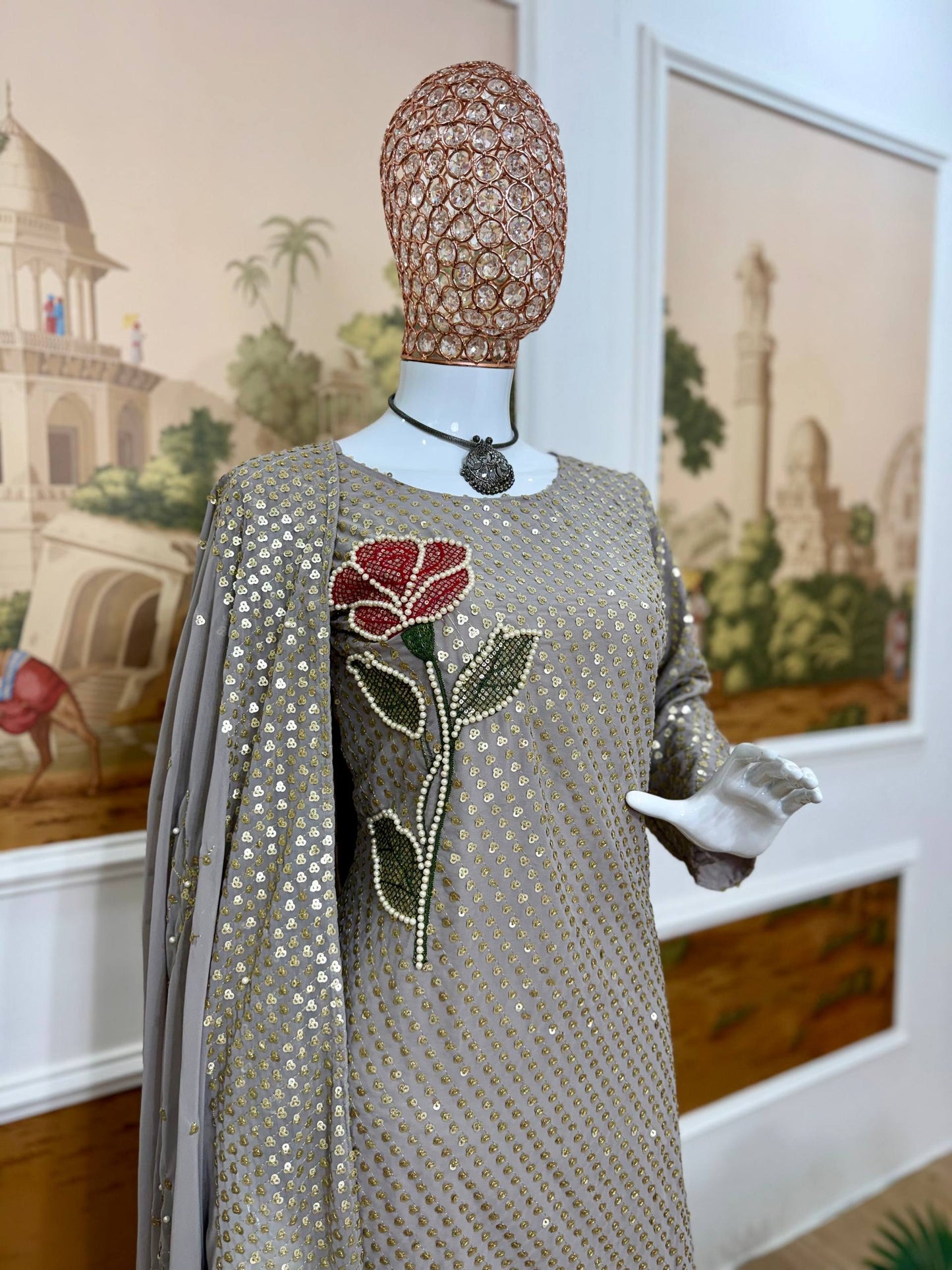 Women's Faux Georgette Embroidered Kurti Pant Dupatta Set with Dual Sequins & Pearl Moti Work | Party & Festive Wear