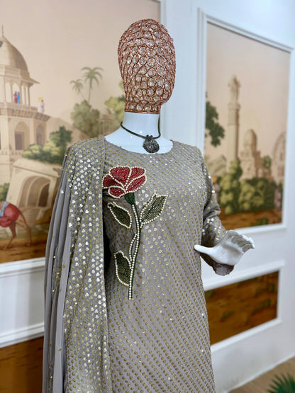 Women's Faux Georgette Embroidered Kurti Pant Dupatta Set with Dual Sequins & Pearl Moti Work | Party & Festive Wear