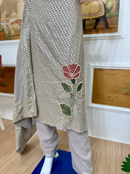 Women's Faux Georgette Embroidered Kurti Pant Dupatta Set with Dual Sequins & Pearl Moti Work | Party & Festive Wear