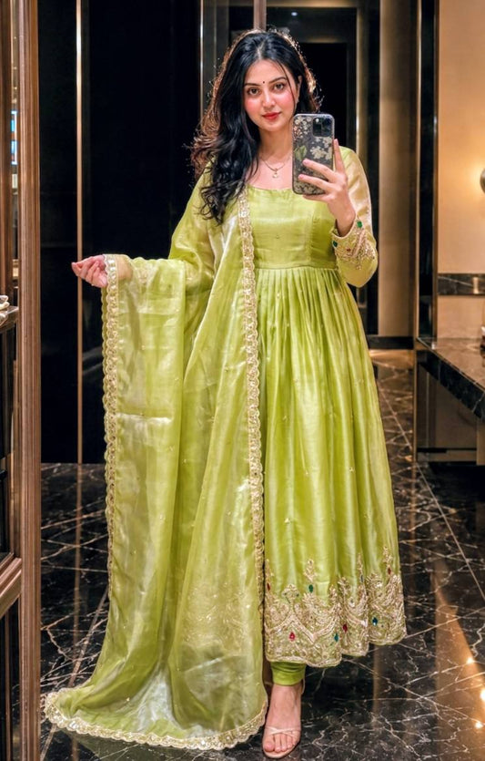 Women's Premium ZMY Embroidered Gown Set with Bottom & Fancy Lace Dupatta | Party & Wedding Wear