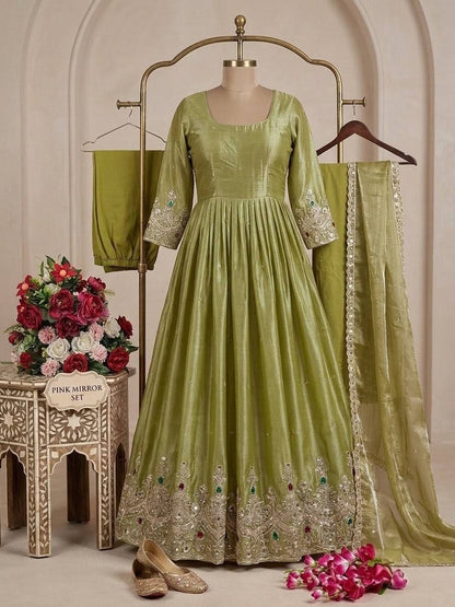 Women's Premium ZMY Embroidered Gown Set with Bottom & Fancy Lace Dupatta | Party & Wedding Wear