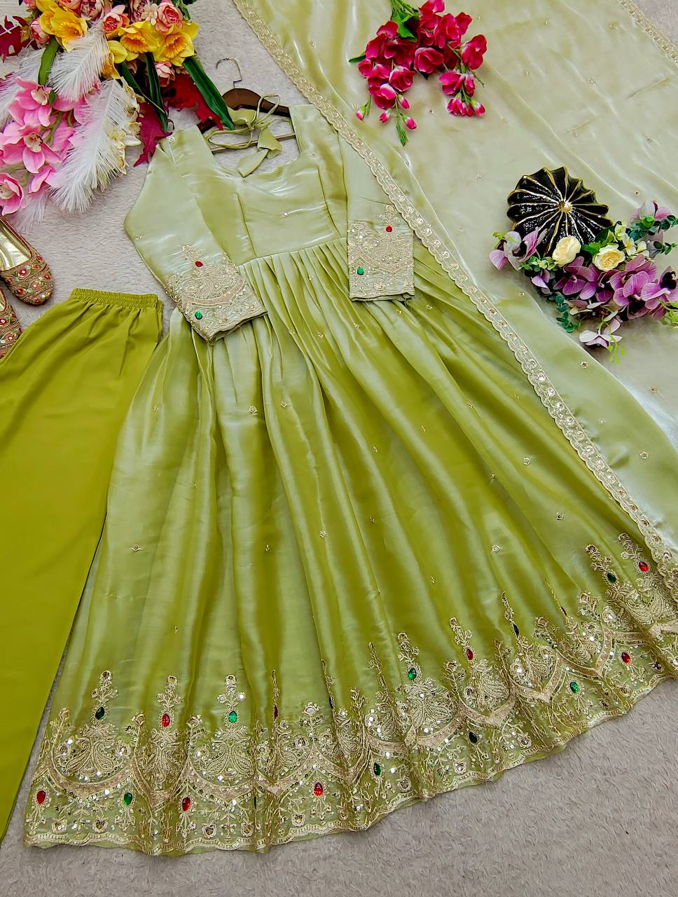Women's Premium ZMY Embroidered Gown Set with Bottom & Fancy Lace Dupatta | Party & Wedding Wear