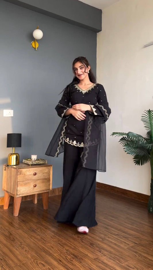 Women's Premium Roman Silk Kurti Pant Set with Embroidered Tissue Silk Dupatta | Party & Festive Wear