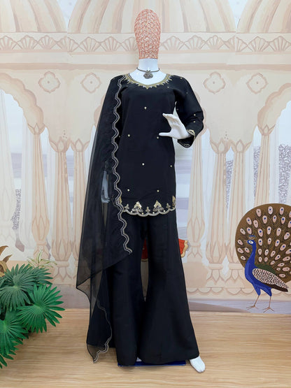 Women's Premium Roman Silk Kurti Pant Set with Embroidered Tissue Silk Dupatta | Party & Festive Wear