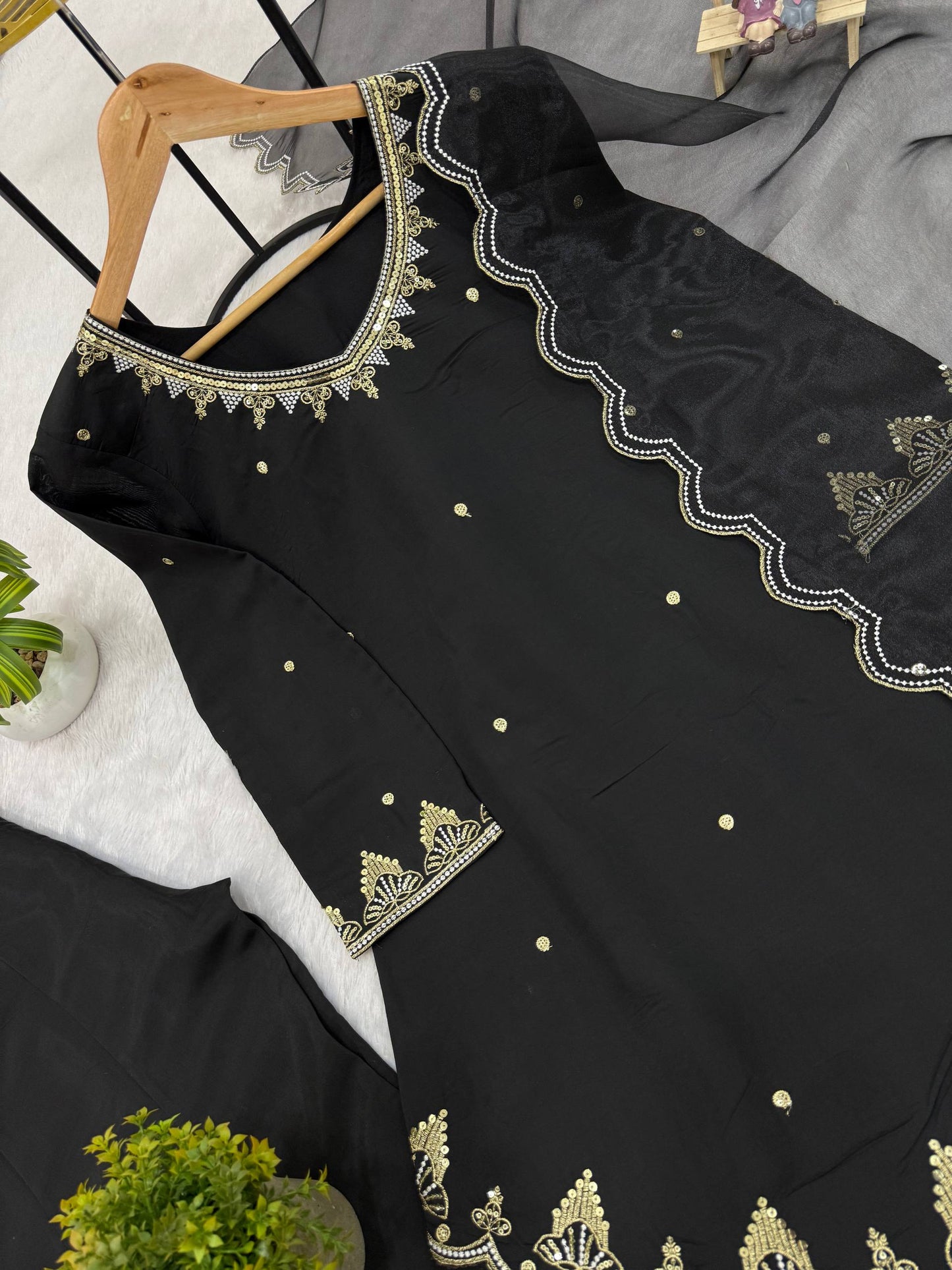 Women's Premium Roman Silk Kurti Pant Set with Embroidered Tissue Silk Dupatta | Party & Festive Wear
