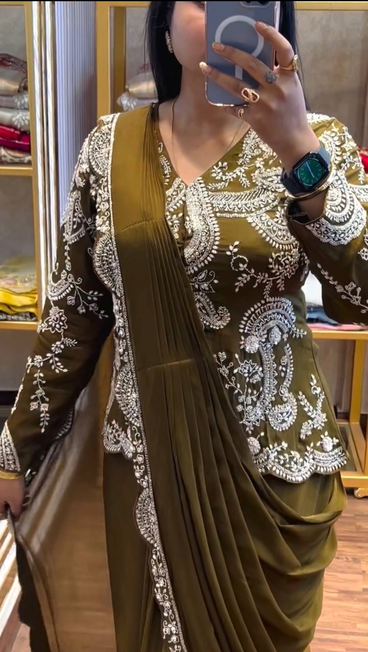 Women's Chinon Indo-Western Ready-to-Wear Saree with Fully Embroidered Koti & Stitched Blouse | Party & Wedding Wear