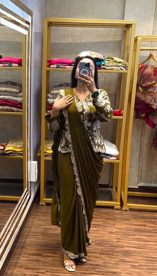 Women's Chinon Indo-Western Ready-to-Wear Saree with Fully Embroidered Koti & Stitched Blouse | Party & Wedding Wear