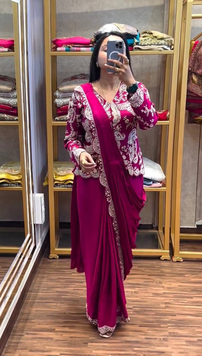 Women's Chinon Indo-Western Ready-to-Wear Saree with Fully Embroidered Koti & Stitched Blouse | Party & Wedding Wear