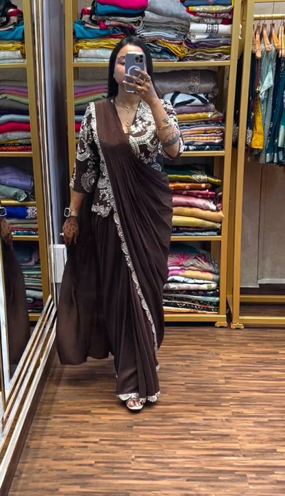 Women's Chinon Indo-Western Ready-to-Wear Saree with Fully Embroidered Koti & Stitched Blouse | Party & Wedding Wear