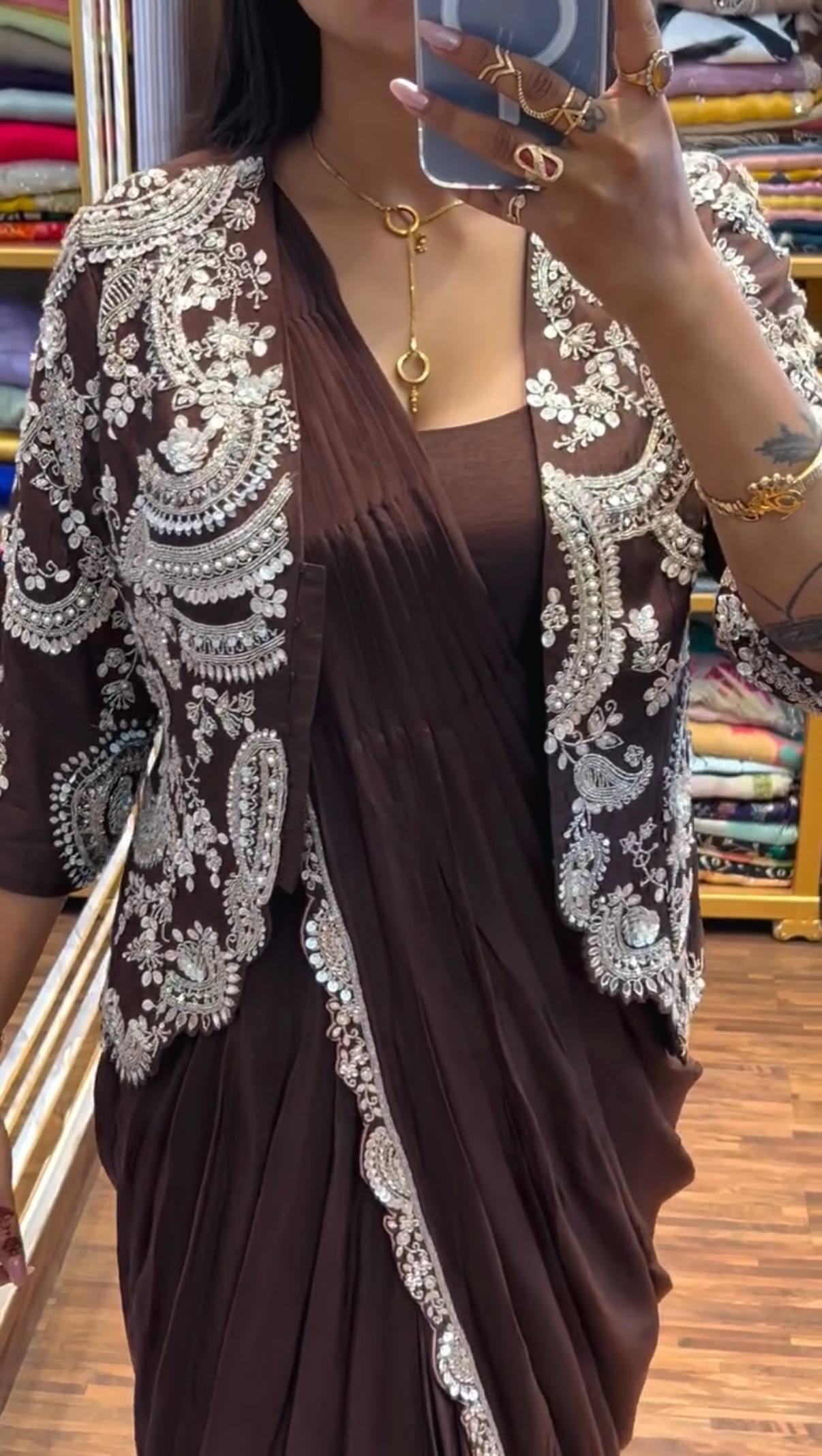 Women's Chinon Indo-Western Ready-to-Wear Saree with Fully Embroidered Koti & Stitched Blouse | Party & Wedding Wear