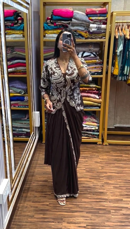 Women's Chinon Indo-Western Ready-to-Wear Saree with Fully Embroidered Koti & Stitched Blouse | Party & Wedding Wear