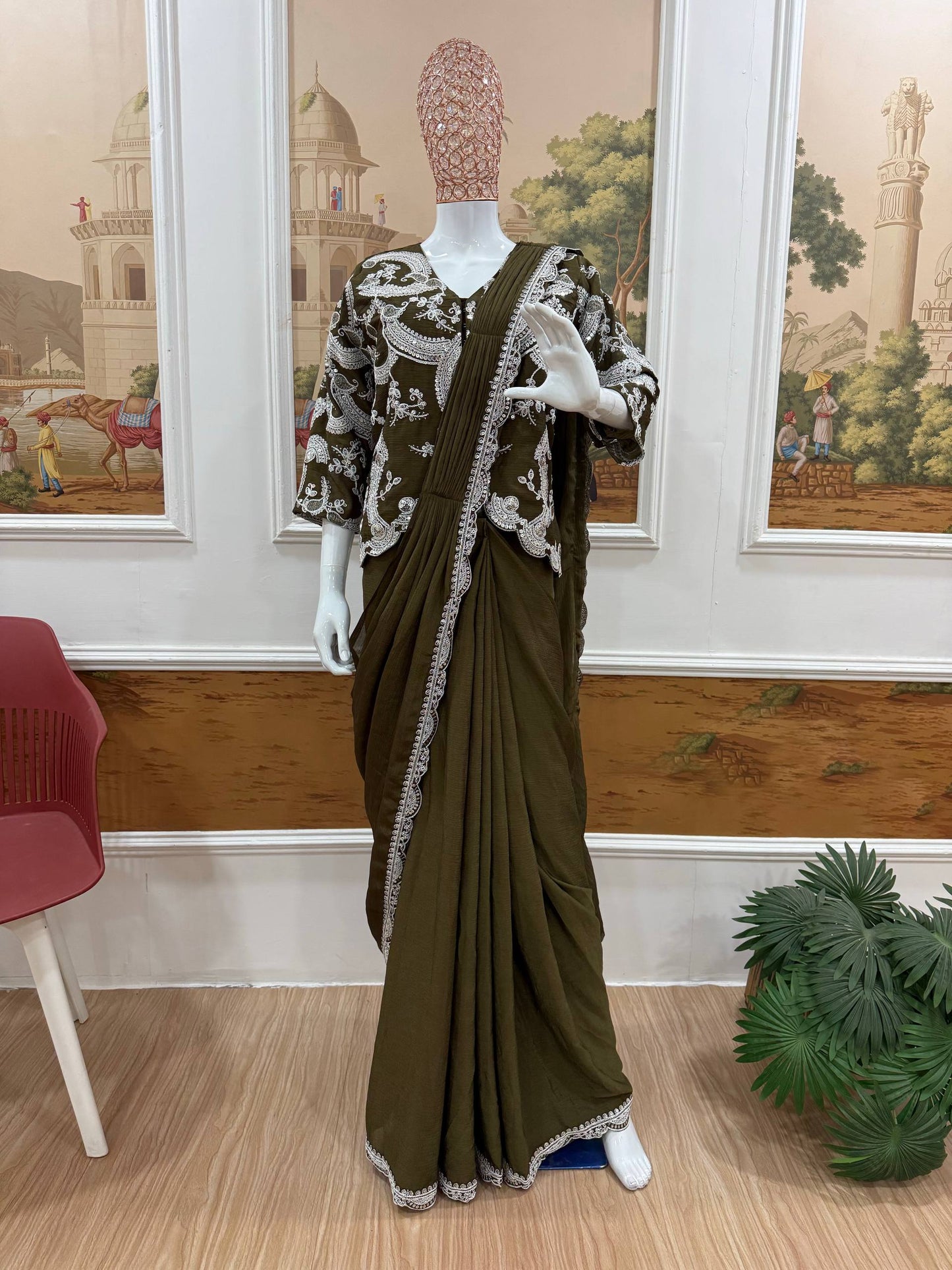 Women's Chinon Indo-Western Ready-to-Wear Saree with Fully Embroidered Koti & Stitched Blouse | Party & Wedding Wear