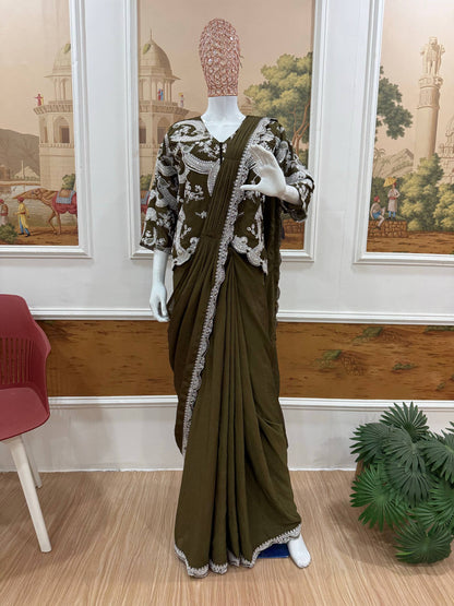 Women's Chinon Indo-Western Ready-to-Wear Saree with Fully Embroidered Koti & Stitched Blouse | Party & Wedding Wear