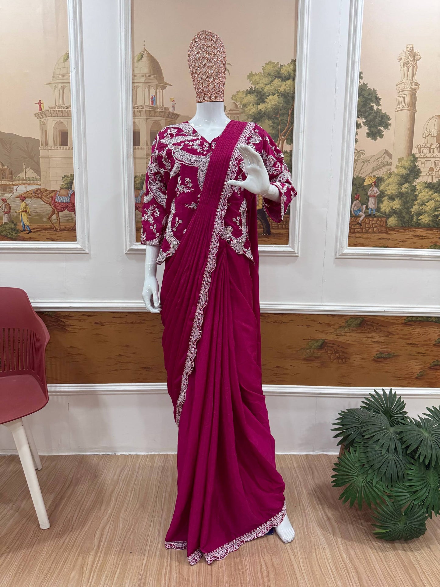 Women's Chinon Indo-Western Ready-to-Wear Saree with Fully Embroidered Koti & Stitched Blouse | Party & Wedding Wear