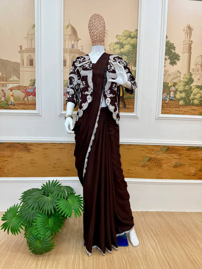 Women's Chinon Indo-Western Ready-to-Wear Saree with Fully Embroidered Koti & Stitched Blouse | Party & Wedding Wear
