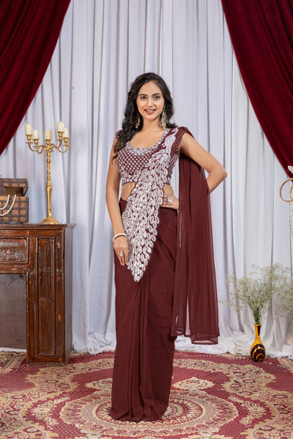 Women's Premium Faux Georgette Ready-to-Wear Saree with Fully Embroidered Designer Blouse | Party & Festive Wear