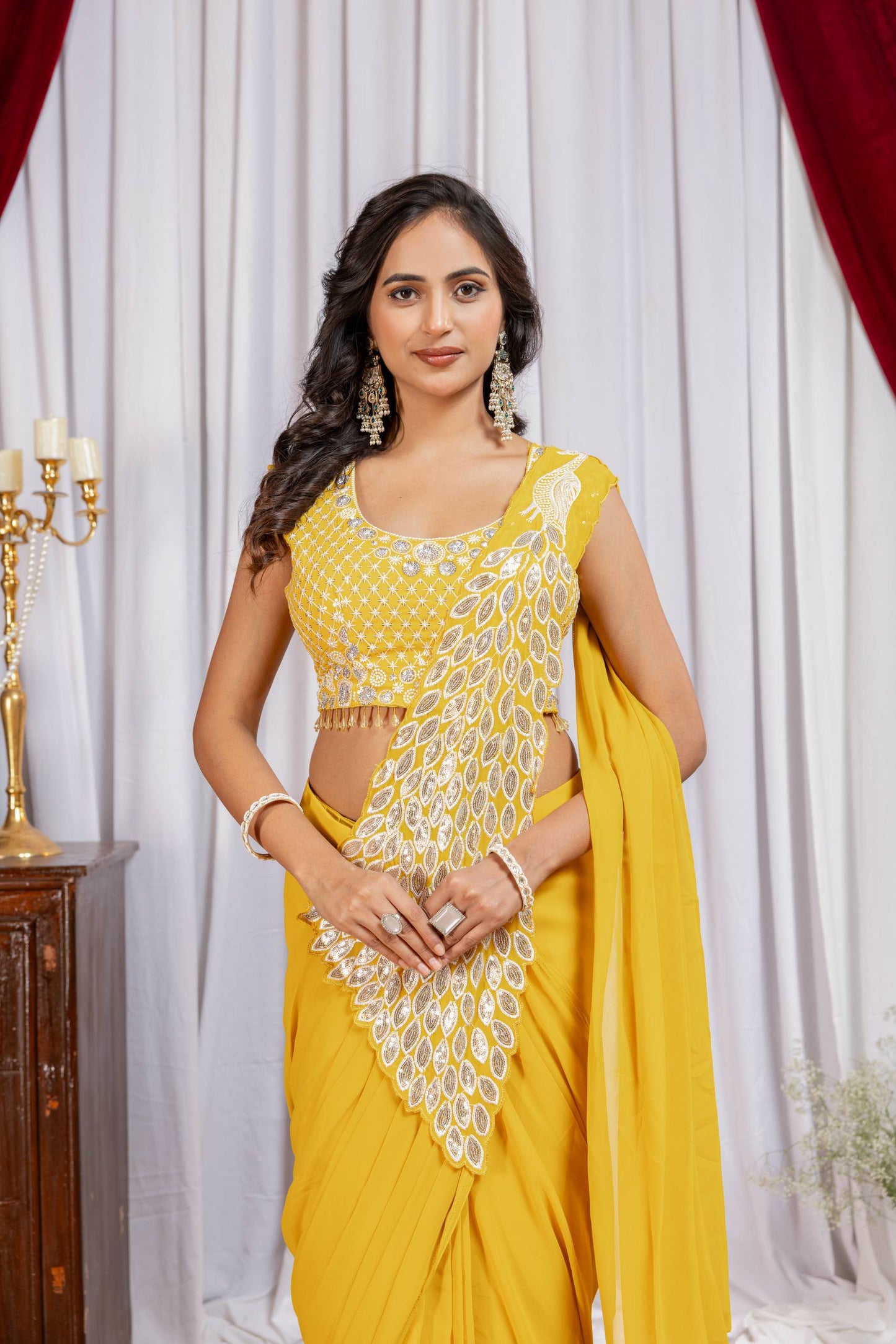 Women's Premium Faux Georgette Ready-to-Wear Saree with Fully Embroidered Designer Blouse | Party & Festive Wear