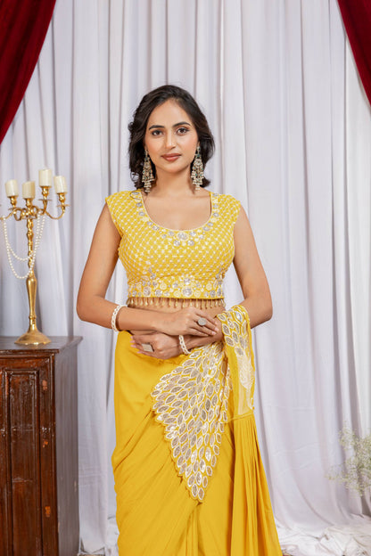 Women's Premium Faux Georgette Ready-to-Wear Saree with Fully Embroidered Designer Blouse | Party & Festive Wear