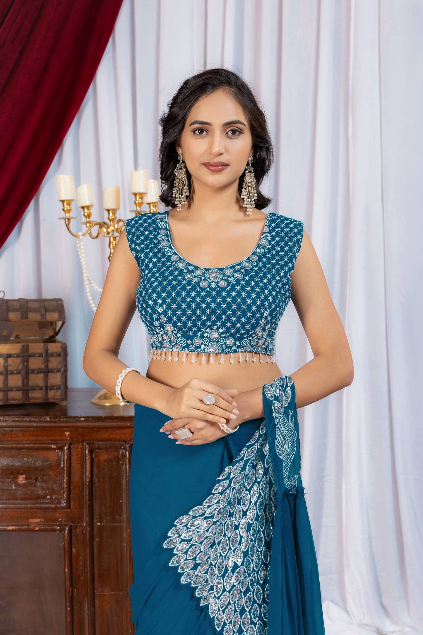 Women's Premium Faux Georgette Ready-to-Wear Saree with Fully Embroidered Designer Blouse | Party & Festive Wear