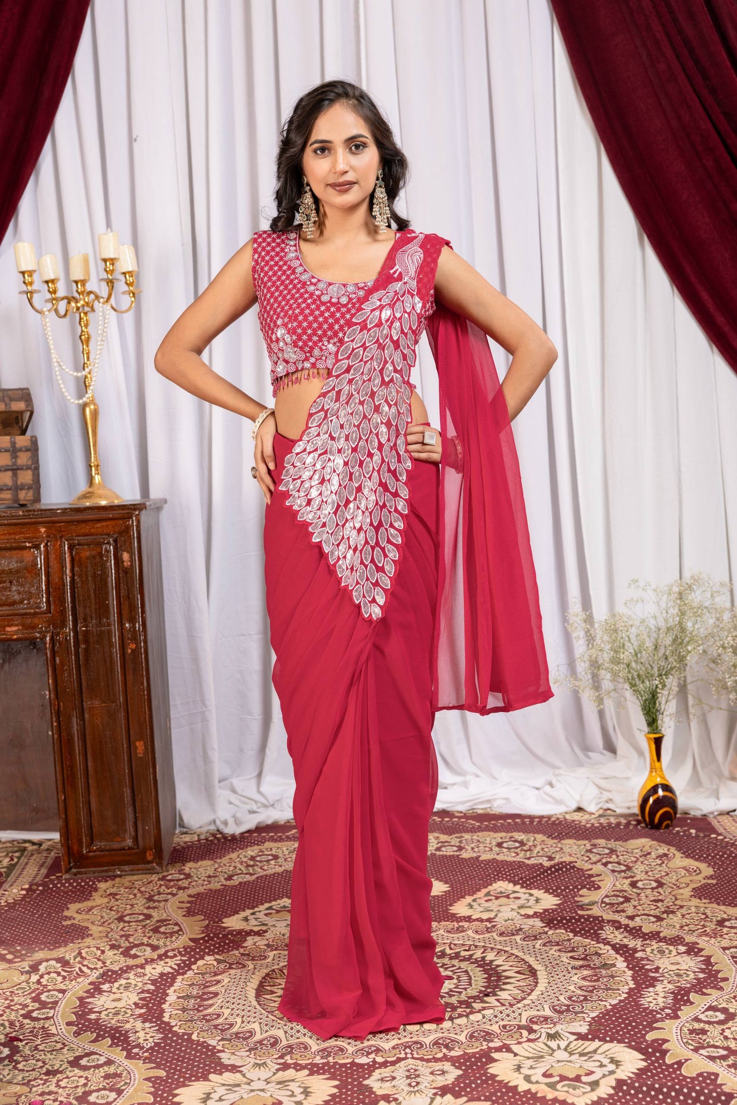 Women's Premium Faux Georgette Ready-to-Wear Saree with Fully Embroidered Designer Blouse | Party & Festive Wear